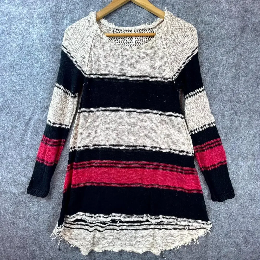 Free People Long Tunic‎ Sweater Womens Small Striped High Low Hem Fray Open Knit